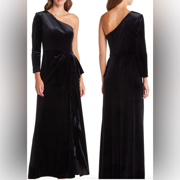 Amsale One-Shoulder Single Long Sleeve Velvet Gown in Black Size 4 NWT - Picture 1 of 11